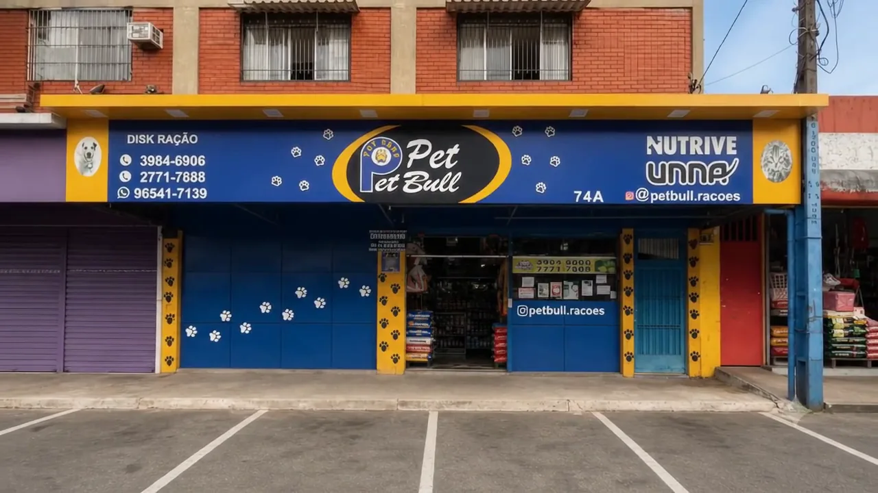 Fachada da Pet Bull Rações na R. São Gonçalo do Abaeté, com o letreiro azul e amarelo.